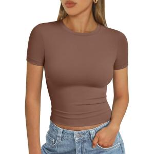 imageAUTOMET Womens Short Sleeve T Shirts Basic Summer 2025 Workout Tops Crew Neck Gym Crop Tops Trendy Y2K ClothesCoffee