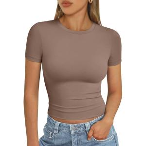 imageAUTOMET Womens Short Sleeve T Shirts Basic Summer 2025 Workout Tops Crew Neck Gym Crop Tops Trendy Y2K ClothesCoffee Grey