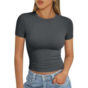 imageAUTOMET Womens Short Sleeve T Shirts Basic Summer 2025 Workout Tops Crew Neck Gym Crop Tops Trendy Y2K ClothesGray