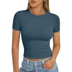 imageAUTOMET Womens Short Sleeve T Shirts Basic Summer 2025 Workout Tops Crew Neck Gym Crop Tops Trendy Y2K ClothesHaze Blue