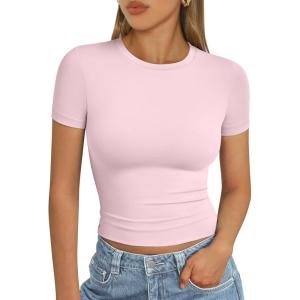 imageAUTOMET Womens Short Sleeve T Shirts Basic Summer 2025 Workout Tops Crew Neck Gym Crop Tops Trendy Y2K ClothesLight Pink
