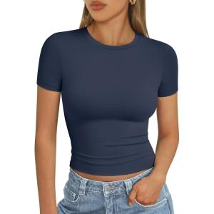 imageAUTOMET Womens Short Sleeve T Shirts Basic Summer 2025 Workout Tops Crew Neck Gym Crop Tops Trendy Y2K ClothesNavy