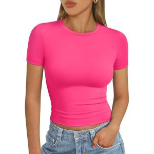 imageAUTOMET Womens Short Sleeve T Shirts Basic Summer 2025 Workout Tops Crew Neck Gym Crop Tops Trendy Y2K ClothesNeonpink