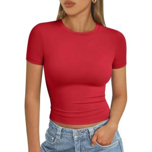 imageAUTOMET Womens Short Sleeve T Shirts Basic Summer 2025 Workout Tops Crew Neck Gym Crop Tops Trendy Y2K ClothesRed