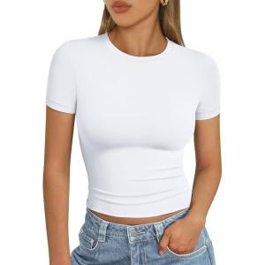 imageAUTOMET Womens Short Sleeve T Shirts Basic Summer 2025 Workout Tops Crew Neck Gym Crop Tops Trendy Y2K ClothesWhite