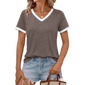 imageAUTOMET Womens Short Sleeve TShirts Summer Tops Casual Soft Tunic V Neck Basic Workout Clothes Spring Fashion Outfits 2025Coffee