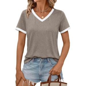 imageAUTOMET Womens Short Sleeve TShirts Summer Tops Casual Soft Tunic V Neck Basic Workout Clothes Spring Fashion Outfits 2025Coffeegrey