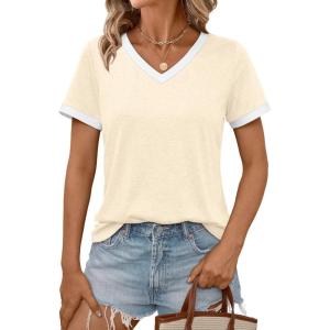imageAUTOMET Womens Short Sleeve TShirts Summer Tops Casual Soft Tunic V Neck Basic Workout Clothes Spring Fashion Outfits 2025Cream