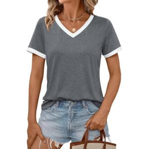 imageAUTOMET Womens Short Sleeve TShirts Summer Tops Casual Soft Tunic V Neck Basic Workout Clothes Spring Fashion Outfits 2025Grey