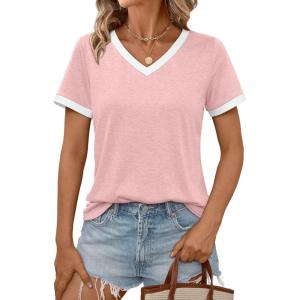 imageAUTOMET Womens Short Sleeve TShirts Summer Tops Casual Soft Tunic V Neck Basic Workout Clothes Spring Fashion Outfits 2025Pink
