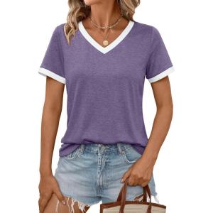 imageAUTOMET Womens Short Sleeve TShirts Summer Tops Casual Soft Tunic V Neck Basic Workout Clothes Spring Fashion Outfits 2025Purple