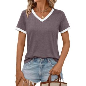 imageAUTOMET Womens Short Sleeve TShirts Summer Tops Casual Soft Tunic V Neck Basic Workout Clothes Spring Fashion Outfits 2025Purplegrey