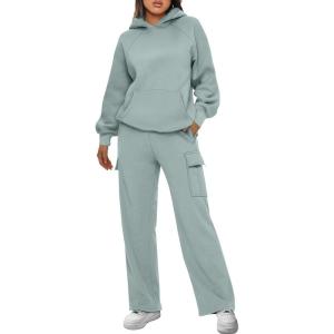 imageAUTOMET Womens Sweatsuits 2 Piece Outfits Fall Sweat Sets Lounge Hoodies and Cargo Pants Wide Leg with PocketsBluegreen