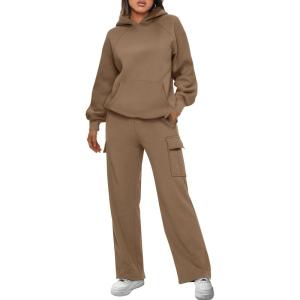 imageAUTOMET Womens Sweatsuits 2 Piece Outfits Fall Sweat Sets Lounge Hoodies and Cargo Pants Wide Leg with PocketsCoffee