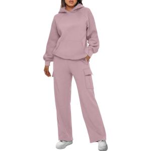 imageAUTOMET Womens Sweatsuits 2 Piece Outfits Fall Sweat Sets Lounge Hoodies and Cargo Pants Wide Leg with PocketsDarkpink