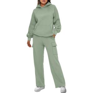 imageAUTOMET Womens Sweatsuits 2 Piece Outfits Fall Sweat Sets Lounge Hoodies and Cargo Pants Wide Leg with PocketsGreen