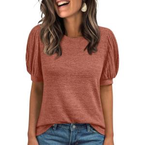 imageAUTOMET Womens Tops Summer Sweater Long Tunic Dressy Casual Blouses Business Cute Trendy Short Sleeve Shirt 2025Brown