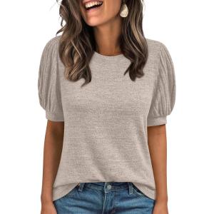 imageAUTOMET Womens Tops Summer Sweater Long Tunic Dressy Casual Blouses Business Cute Trendy Short Sleeve Shirt 2025Khaki