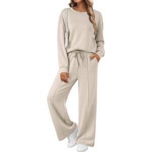 imageAUTOMET Womens Two Piece Lounge Sets Sweatsuits Outfit Wide Leg Sweatpants Tracksuit Loungewear Sweatshirt with PocketsApricot