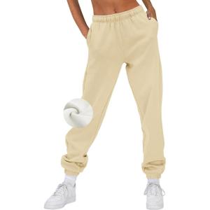 imageAUTOMET Womens Winter Casual Baggy Fleece Lined Sweatpants Fashion High Waisted Joggers Pants Athletic Clothes with PocketsBeige