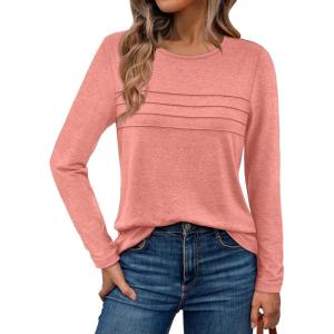 imageAUTOMET Long Sleeve Shirts for Women Pleated Dressy Casual Business Blouses Trendy Fashion Tunic Basic TopsCoral