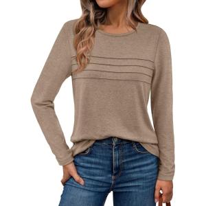 imageAUTOMET Long Sleeve Shirts for Women Pleated Dressy Casual Business Blouses Trendy Fashion Tunic Basic TopsKhaki