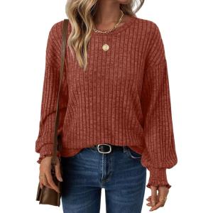 imageAUTOMET Long Sleeve Shirts for Women Tops Fall Fashion Outfits 2025 Crewneck Sweaters Trendy Blouse Dressy CasualCaramel