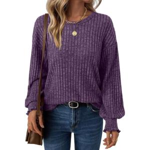 imageAUTOMET Long Sleeve Shirts for Women Tops Fall Fashion Outfits 2025 Crewneck Sweaters Trendy Blouse Dressy CasualPurple