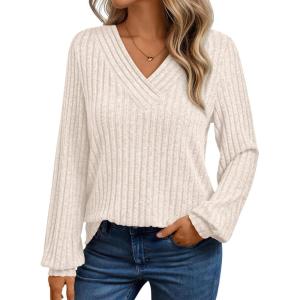 imageAUTOMET Women Long Sleeve Shirts Fall V Neck Work Tops 2025 Fashion Tunic Sweaters Dressy Casual Winter Blouse Trendy OutfitsApricot