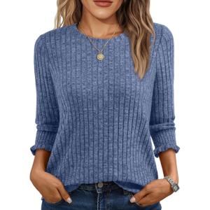 imageAUTOMET Womens 34 Sleeve Tops T Shirts Summer Sweater Round Neck Casual Top Ladies Tops Business Casual BlousesBlue