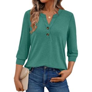 imageAUTOMET Womens Blouses Henley V Neck Shirts 34 Length Sleeve Summer TopsBluegreen