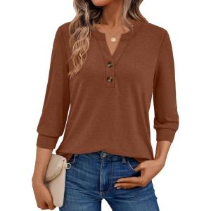 imageAUTOMET Womens Blouses Henley V Neck Shirts 34 Length Sleeve Summer TopsMaple