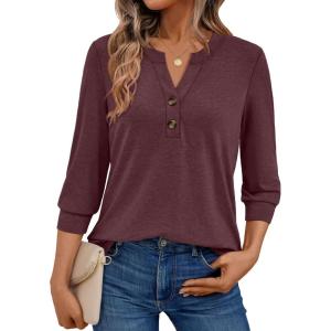 imageAUTOMET Womens Blouses Henley V Neck Shirts 34 Length Sleeve Summer TopsWinered