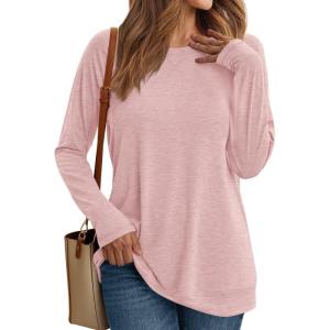 imageAUTOMET Womens Long Sleeve Crewneck Shirts Fall Winter Casual Work Tops Loose Fit Clothes Trendy Basic Outfits 2025Pink