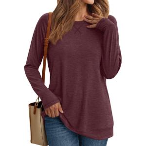 imageAUTOMET Womens Long Sleeve Crewneck Shirts Fall Winter Casual Work Tops Loose Fit Clothes Trendy Basic Outfits 2025Wine Red