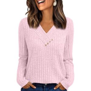 imageAUTOMET Womens Long Sleeve Shirt Fall Fashion 2025 V Neck Sweater Tunic Tops Dressy Casual Work Blouse Trendy Winter ClothingPink