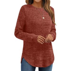 imageAUTOMET Womens Long Sleeve Shirts Fall Tops Tunic Fashion Outfits 2025 Dressy Casual Loose Fit Sweater Clothes Curved HemCaramel