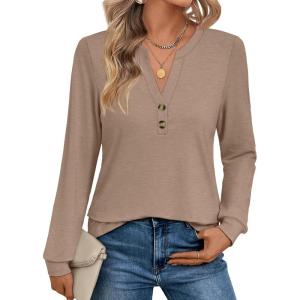imageAUTOMET Womens Tops Long Sleeve Shirts Fall Fashion Clothes Henley Dressy Casual Blouses Trendy 2025Khaki