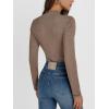 imageAUTOMET Pleated Long Sleeve Shirts Womens Lettuce Trim Mock Neck Blouses Casual Slim Fit TopsKhaki