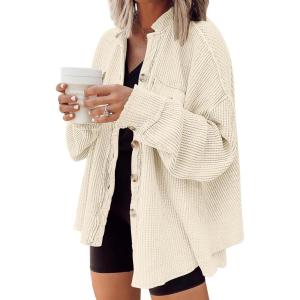 imageAUTOMET Fall Outfits for Women 2025 Fashion Clothes Winter Waffle Knit Clothing Oversized Button Down ShirtApricot