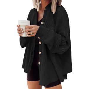imageAUTOMET Fall Outfits for Women 2025 Fashion Clothes Winter Waffle Knit Clothing Oversized Button Down ShirtBlack
