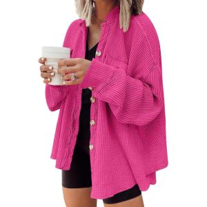 imageAUTOMET Fall Outfits for Women 2025 Fashion Clothes Winter Waffle Knit Clothing Oversized Button Down ShirtHotpink