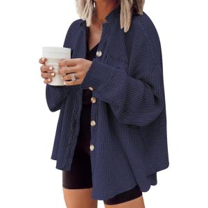 imageAUTOMET Fall Outfits for Women 2025 Fashion Clothes Winter Waffle Knit Clothing Oversized Button Down ShirtNavyblue