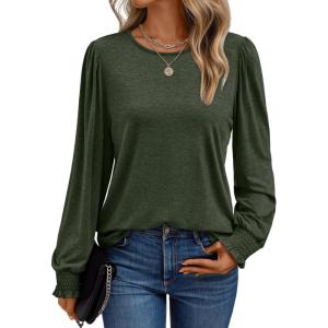 imageAUTOMET Long Sleeve Shirts for Women Business Casual Tops Dressy Blouses with Smocked CuffsArmy Green