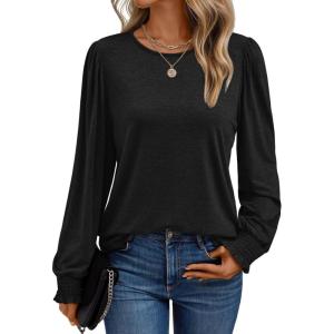 imageAUTOMET Long Sleeve Shirts for Women Business Casual Tops Dressy Blouses with Smocked CuffsBlack