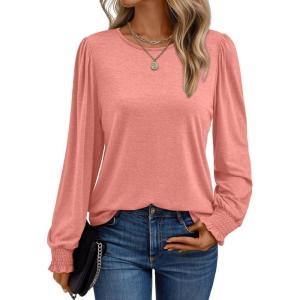 imageAUTOMET Long Sleeve Shirts for Women Business Casual Tops Dressy Blouses with Smocked CuffsCoral