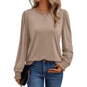 imageAUTOMET Long Sleeve Shirts for Women Business Casual Tops Dressy Blouses with Smocked CuffsKhaki