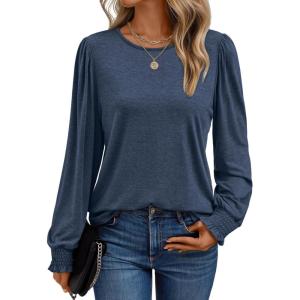 imageAUTOMET Long Sleeve Shirts for Women Business Casual Tops Dressy Blouses with Smocked CuffsNavy Blue