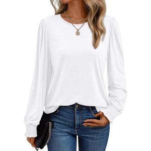 imageAUTOMET Long Sleeve Shirts for Women Business Casual Tops Dressy Blouses with Smocked CuffsWhite