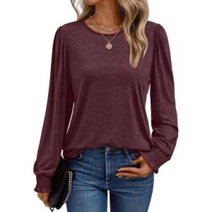 imageAUTOMET Long Sleeve Shirts for Women Business Casual Tops Dressy Blouses with Smocked CuffsWine Red